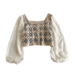 2022春夏新款方領鏤空鉤花設計感雪紡燈籠袖寬鬆短款襯衫上衣女