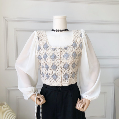 2022春夏新款方領鏤空鉤花設計感雪紡燈籠袖寬鬆短款襯衫上衣女