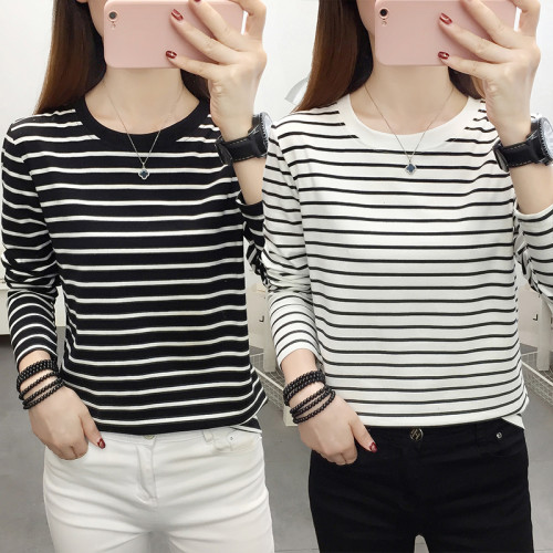 純棉條紋長袖t恤女裝2025年新款春秋裝寬鬆大碼女士打底衫上衣服