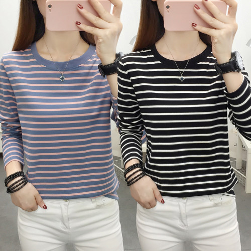 純棉條紋長袖t恤女裝2025年新款春秋裝寬鬆大碼女士打底衫上衣服