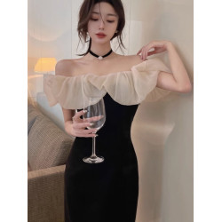 生日宴會晚禮服高級輕奢小衆氣質名媛法式高級感黑色一字肩連衣裙