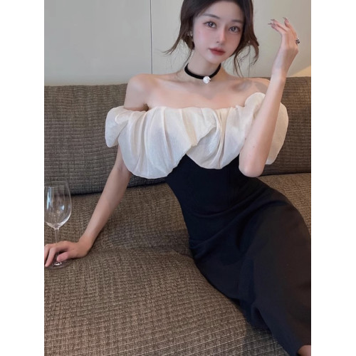 生日宴會晚禮服高級輕奢小衆氣質名媛法式高級感黑色一字肩連衣裙