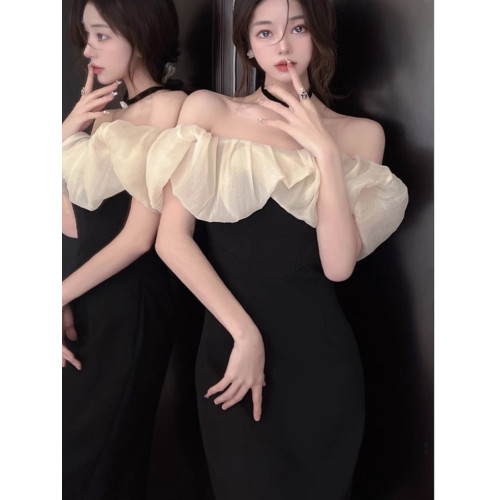 生日宴會晚禮服高級輕奢小衆氣質名媛法式高級感黑色一字肩連衣裙