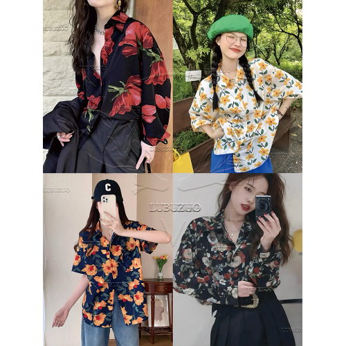 鹿不作2025新款港風短袖花襯衫女oversize泰式度假風滿印碎花襯衣