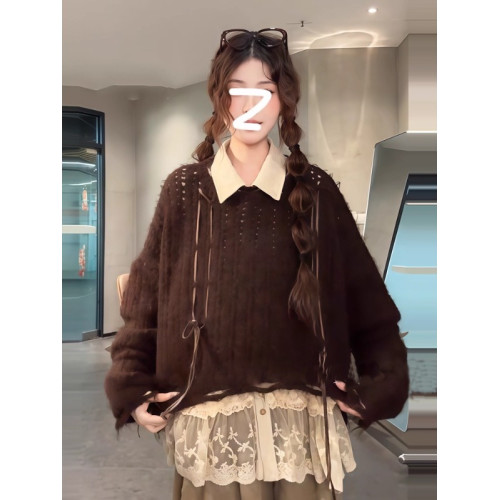 秋季長袖寬鬆顯瘦氣質內搭上衣大碼胖MM溫柔風蕾絲拼接繙領襯衫潮