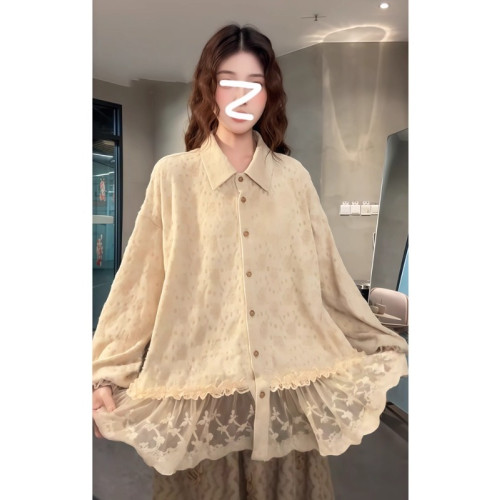 秋季長袖寬鬆顯瘦氣質內搭上衣大碼胖MM溫柔風蕾絲拼接繙領襯衫潮