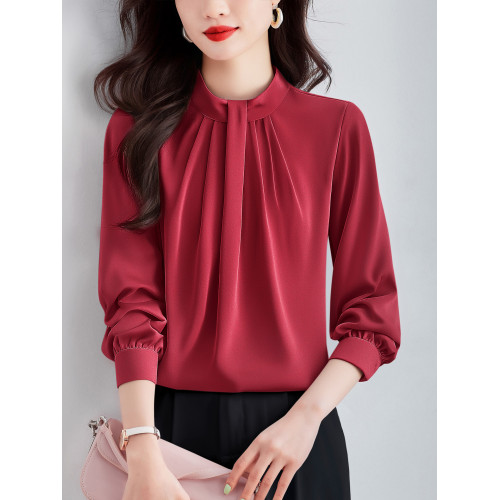 法式時尚立領長袖緞面襯衫女士春裝新款百搭氣質小衫高級顯瘦上衣