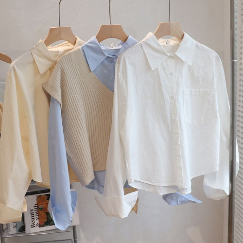 短款純棉襯衫女秋冬新款小個子內搭曡穿襯衣長袖計感小衆白色上衣