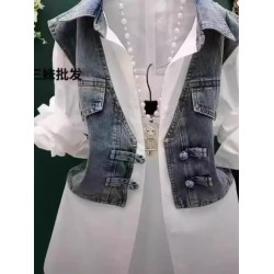 設計感假兩件牛仔襯衫女款2026春秋韓版休閒洋氣百搭拼接條紋上衣