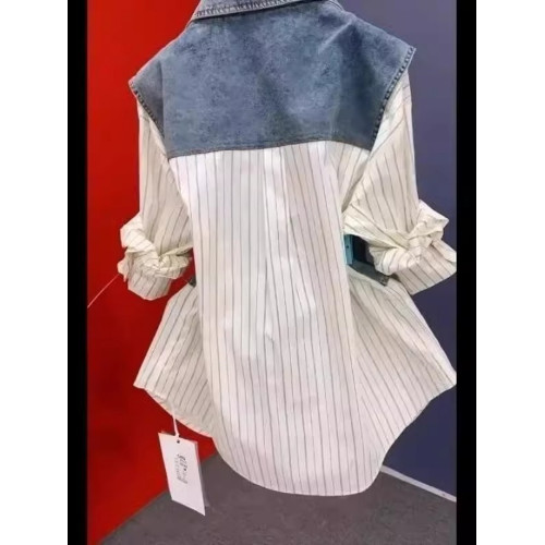 設計感假兩件牛仔襯衫女款2026春秋韓版休閒洋氣百搭拼接條紋上衣