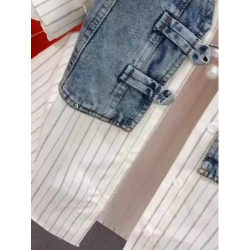 設計感假兩件牛仔襯衫女款2026春秋韓版休閒洋氣百搭拼接條紋上衣