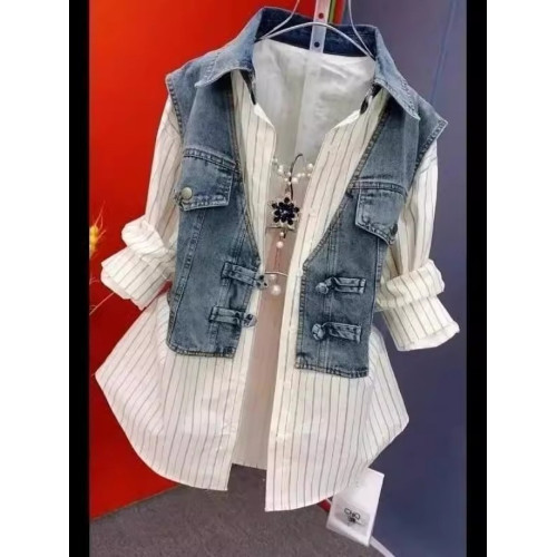 設計感假兩件牛仔襯衫女款2026春秋韓版休閒洋氣百搭拼接條紋上衣