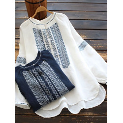 大碼女裝寬鬆民族風刺綉圓領t恤2025春秋季套頭簡約長袖襯衫上衣