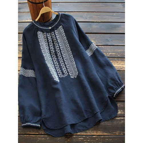 大碼女裝寬鬆民族風刺綉圓領t恤2025春秋季套頭簡約長袖襯衫上衣