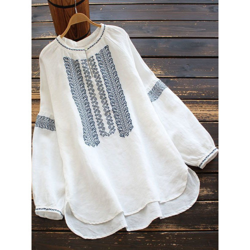 大碼女裝寬鬆民族風刺綉圓領t恤2025春秋季套頭簡約長袖襯衫上衣