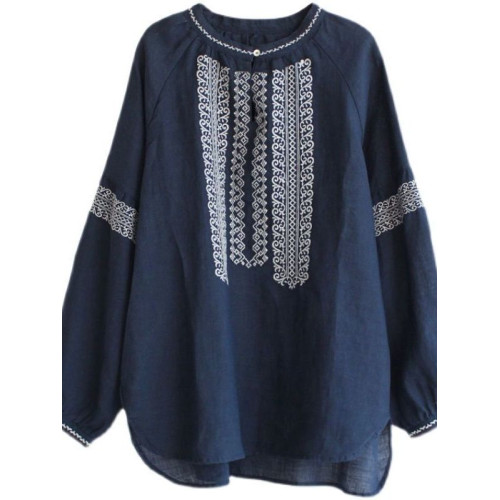 大碼女裝寬鬆民族風刺綉圓領t恤2025春秋季套頭簡約長袖襯衫上衣