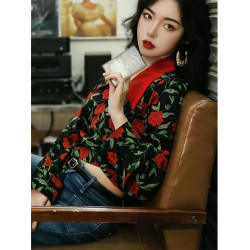港風復古氣質玫瑰印花長袖襯衫女法式高腰系帶修身襯衣短款上衣女
