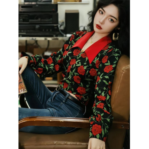 港風復古氣質玫瑰印花長袖襯衫女法式高腰系帶修身襯衣短款上衣女