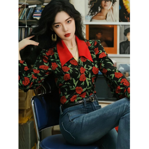 港風復古氣質玫瑰印花長袖襯衫女法式高腰系帶修身襯衣短款上衣女