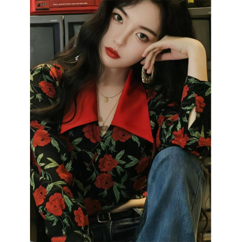 港風復古氣質玫瑰印花長袖襯衫女法式高腰系帶修身襯衣短款上衣女