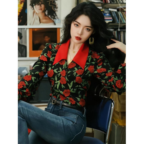 港風復古氣質玫瑰印花長袖襯衫女法式高腰系帶修身襯衣短款上衣女