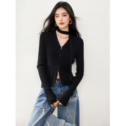 拉夏貝爾Puella2025年冬季設計感雙開拉鍊v領飄帶領巾洋氣上衣女