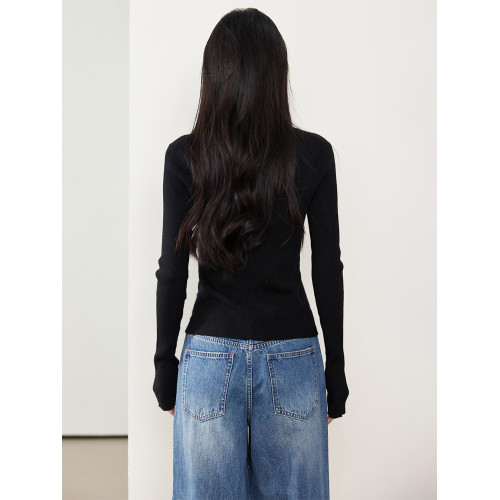 拉夏貝爾Puella2025年冬季設計感雙開拉鍊v領飄帶領巾洋氣上衣女