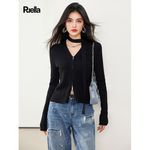 拉夏貝爾Puella2025年冬季設計感雙開拉鍊v領飄帶領巾洋氣上衣女