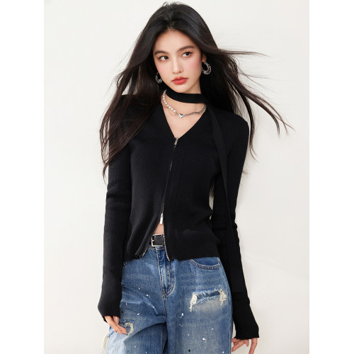 拉夏貝爾Puella2025年冬季設計感雙開拉鍊v領飄帶領巾洋氣上衣女