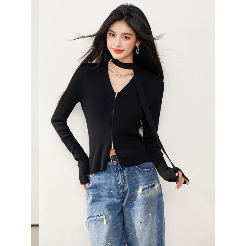 拉夏貝爾Puella2025年冬季設計感雙開拉鍊v領飄帶領巾洋氣上衣女