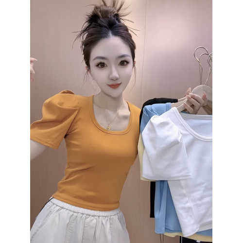 歐貨U領泡泡袖正肩T恤女2025夏季新款修身顯瘦洋氣百搭打底衫上衣