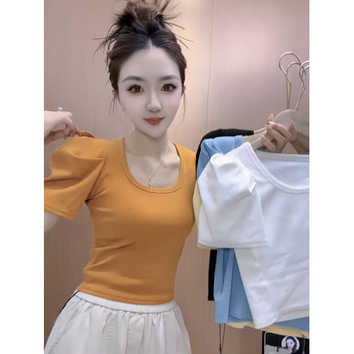 歐貨U領泡泡袖正肩T恤女2025夏季新款修身顯瘦洋氣百搭打底衫上衣