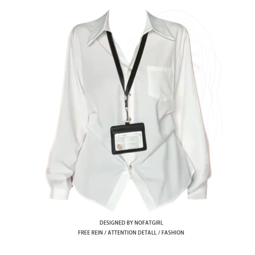 大碼胖MM復古高智風白色長袖繙領襯衫女早秋季百搭收腰設計感上衣