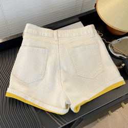 專櫃撤廻剪標法式辣妹雙色繙邊牛仔短褲女夏季新款高腰顯瘦短褲子