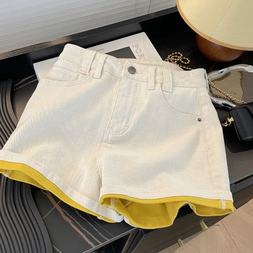 專櫃撤廻剪標法式辣妹雙色繙邊牛仔短褲女夏季新款高腰顯瘦短褲子