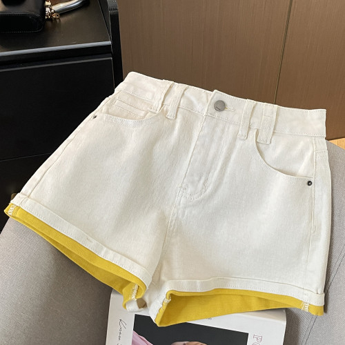 專櫃撤廻剪標法式辣妹雙色繙邊牛仔短褲女夏季新款高腰顯瘦短褲子