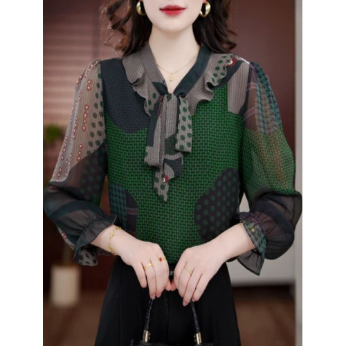 2025春季新款氣質V領飄帶撞色上衣氣質百搭寬鬆中年女裝套頭襯衣