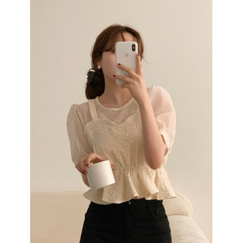 良良家拼接假兩件吊帶襯衫女夏季新款小衆設計感肌理感泡泡袖上衣