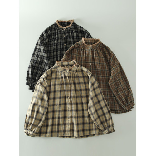 秋新款甜美森女蕾絲花邊立領斜紋磨毛棉格子襯衫寬鬆大碼百搭上衣