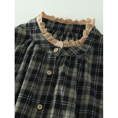 秋新款甜美森女蕾絲花邊立領斜紋磨毛棉格子襯衫寬鬆大碼百搭上衣