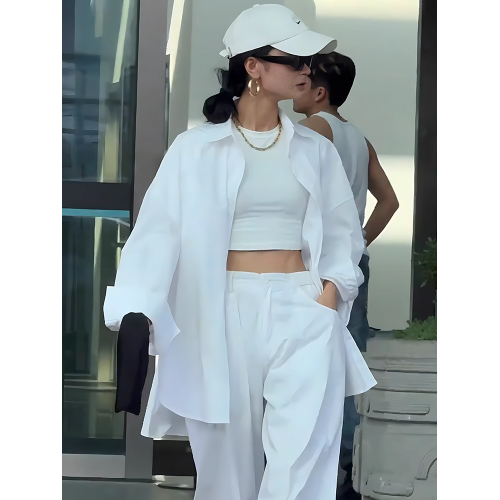 街拍設計感拼接防曬襯衫女秋季寬鬆休閒百搭中長款白色襯衣外套薄