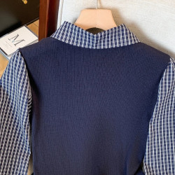 polo領假兩件溫柔風格子襯衫女2025新款早秋長袖打底衫T恤上衣