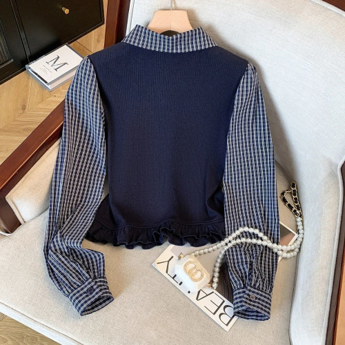 polo領假兩件溫柔風格子襯衫女2025新款早秋長袖打底衫T恤上衣