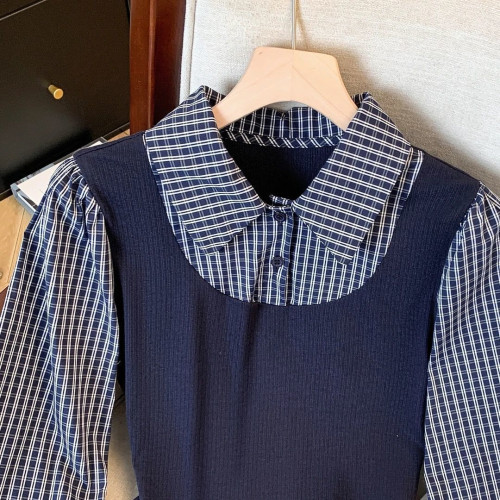 polo領假兩件溫柔風格子襯衫女2025新款早秋長袖打底衫T恤上衣