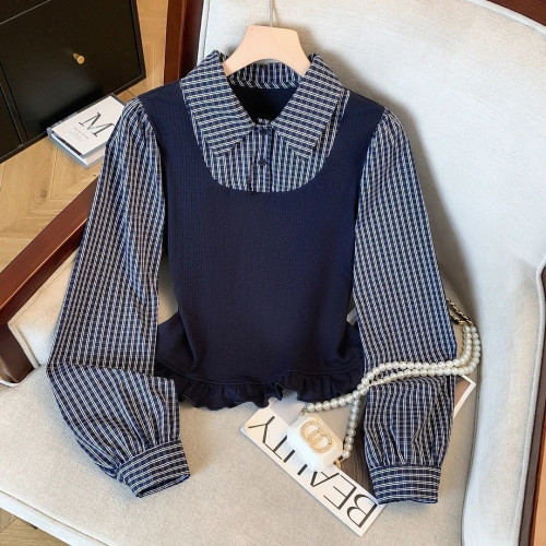 polo領假兩件溫柔風格子襯衫女2025新款早秋長袖打底衫T恤上衣