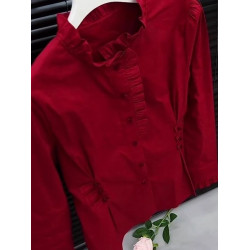 2026冬季爆款紅色襯衫女木耳邊修身顯瘦復古國風氣質百搭長袖上衣