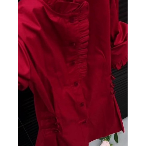 2026冬季爆款紅色襯衫女木耳邊修身顯瘦復古國風氣質百搭長袖上衣