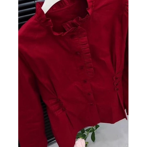 2026冬季爆款紅色襯衫女木耳邊修身顯瘦復古國風氣質百搭長袖上衣