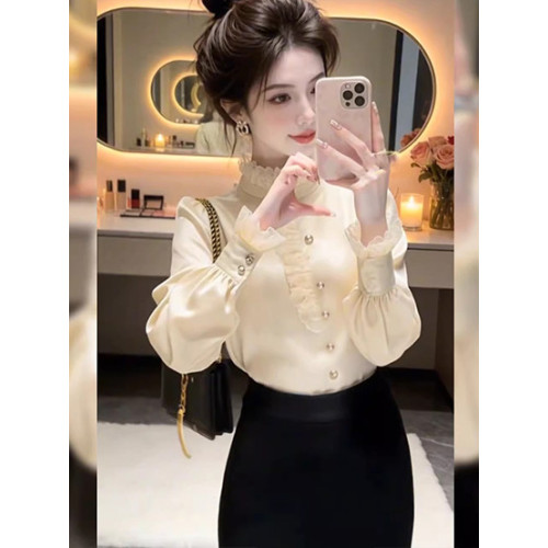 禦姐氣質性感蕾絲緞面長袖襯衫女裝2026春季新款休閒漂亮新年上衣