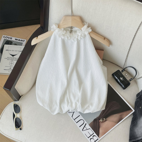 專櫃撤廻剪標小清新優雅掛脖花朵雪紡衫女夏新款氣質圓領無袖上衣